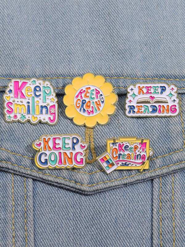 5 peças de alfinetes de esmalte versáteis e coloridos, continue sorrindo e andando, broche de metal inglês colorido e versátil, medalha de alfinete de colarinho, acessórios de vestido de flor de peito inspiradores, alfinete para roupas, bolsa, acessórios de escritório escolar, camisas, jaquetas, joias, alfinete de roupas de Natal, Halloween, presentes engraçados e fofos para professores, acessórios de fantasia, pingentes de bolsa