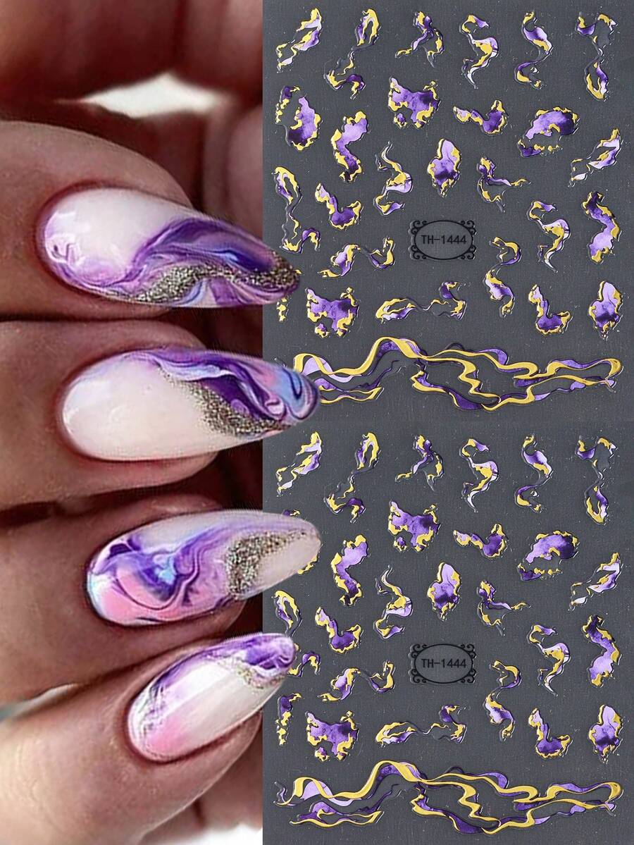 FULL BEAUTY 2 件装 3D 指甲贴纸紫色墨水设计贴花魅力大理石纹理金线装饰艺术自粘全息凝胶滑块美甲用品配件工具 - 彩色 - 查看 1