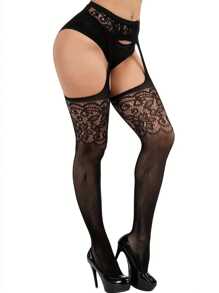2 Pairs Of Sexy Crotch Suspenders, One Fishnet And One Silk Stocking Hollow Jacquard Mesh Crotch-Less Leggings For Club Parties And Nighttime Activities (No Underwear)