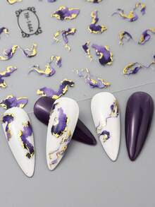FULL BEAUTY 2 件装 3D 指甲贴纸紫色墨水设计贴花魅力大理石纹理金线装饰艺术自粘全息凝胶滑块美甲用品配件工具 - 彩色 - 查看 7