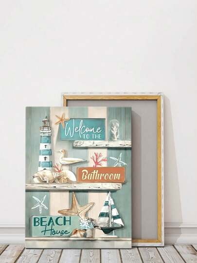 1 قطعة لوحة جدارية فنية بإطار خشبي للحمام بطراز ريفي حديث، بتصميم منارة وأشكال نجوم البحر، ديكور جداري للحمام للمنازل الحديثة، لوحة طباعة على قماش