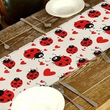 1 件瓢虫印花亚麻桌布，针织面料矩形餐桌装饰，适用于室内用餐、家庭聚会和防尘餐具 - 彩色 - 查看 6