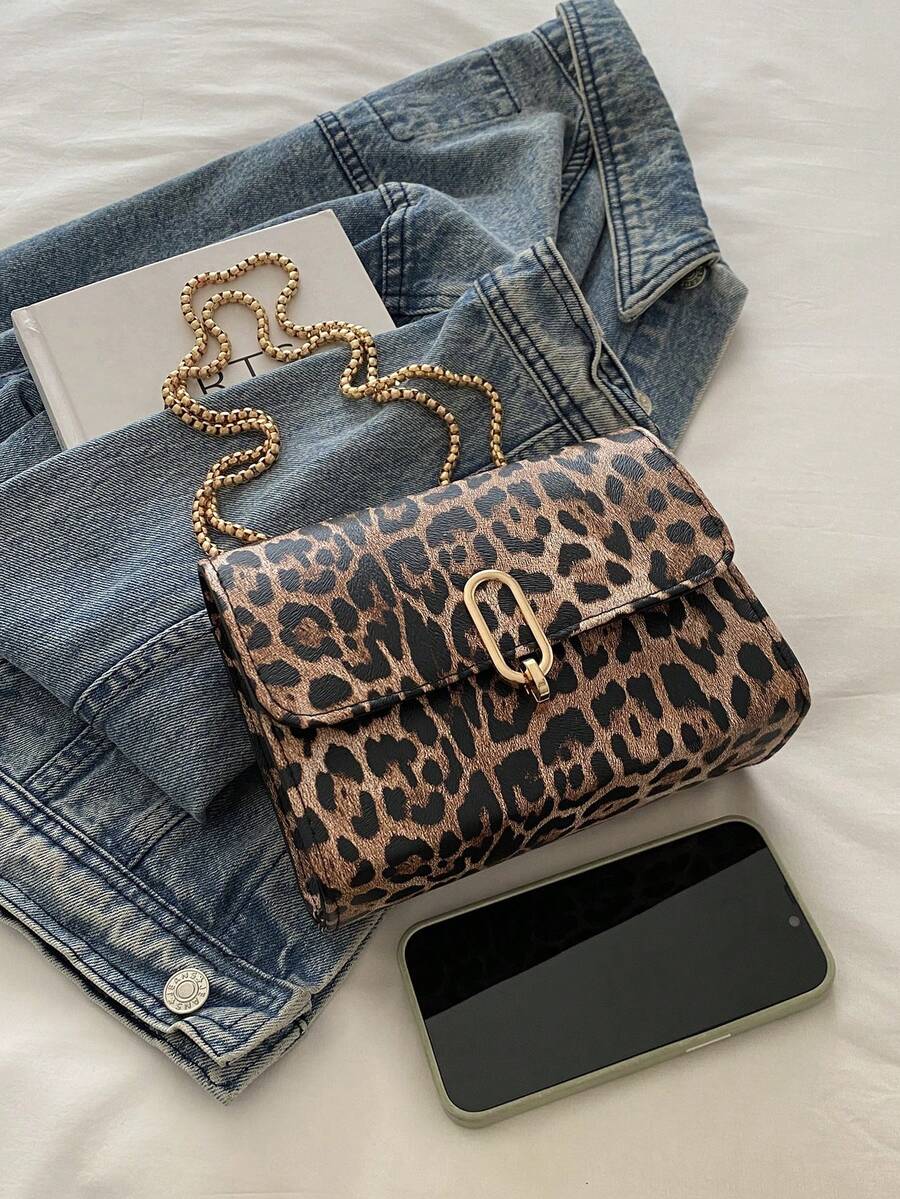 1pc Coffee Pu Leather Handbag With Metal Zipper Closure, Leopard Chain
