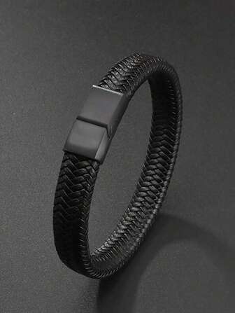 1pc Fashion Stainless Steel Chain Genuine PU Leather Bracelet Men Vintage Simple Male Braid Artificial Jewelry (22cm/8.66''), Father's Day Gift