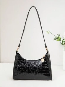 时尚亮面鳄鱼压纹女式拉链单肩包，时尚腋下包，简约女士设计 - 黑色 - 查看 7