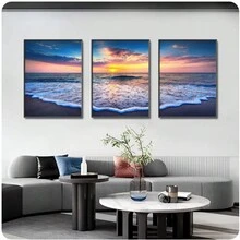 3 幅自然风景日落墙壁艺术海报印刷品图片日出湖泊天际线帆布画适用于现代客厅装饰无框架 - 彩色 - 查看 2