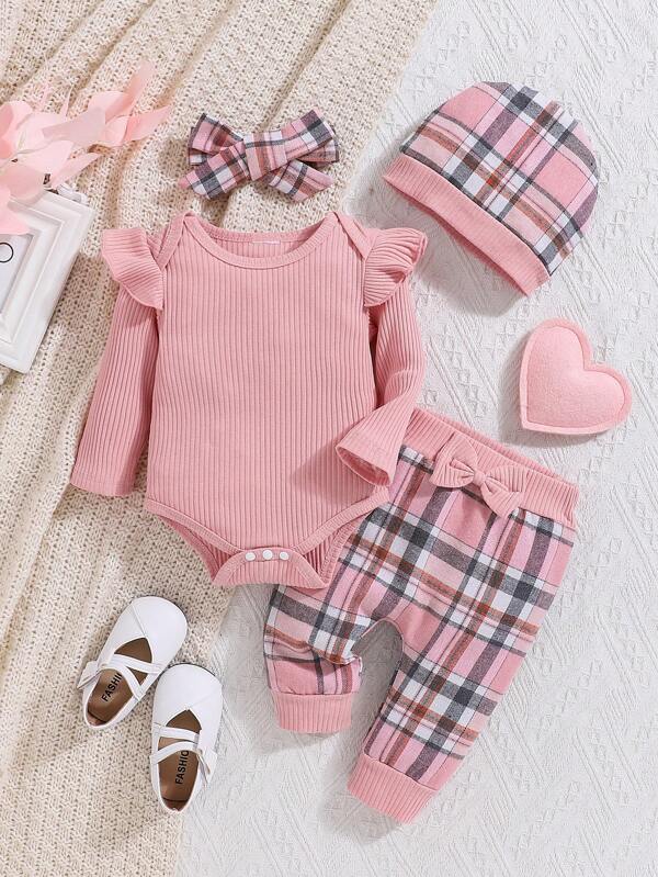 Set de 2 piezas de pelele rosa, pantalones a cuadros y gorro para bebé niña de otoño/invierno