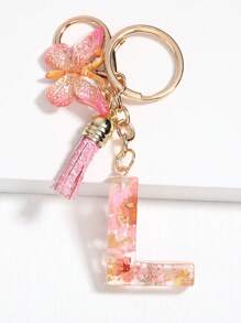 1pc New Dried Flower Crystal Epoxy Flower Letter Keychain, Fashion Bag Charm Tassel Butterfly Keyring Halloween Gift Souvenir Car Accessories School Cute Goth Y2k - Pink - View 4