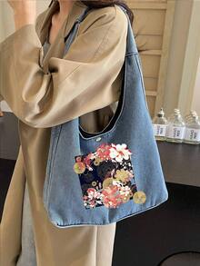 1 chiếc Túi vải tote hiệu ứng denim in ảnh và văn bản tùy chỉnh dành cho phụ nữ, Túi đeo vai nhẹ, dung tích lớn, tiện dụng, dùng hàng ngày, đi chơi, du lịch, mua sắm, đi học, đi đại học, đi làm - Màu xanh nhạt - Xem 2