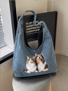 1 chiếc Túi vải tote hiệu ứng denim in ảnh và văn bản tùy chỉnh dành cho phụ nữ, Túi đeo vai nhẹ, dung tích lớn, tiện dụng, dùng hàng ngày, đi chơi, du lịch, mua sắm, đi học, đi đại học, đi làm - Màu xanh nhạt - Xem 3