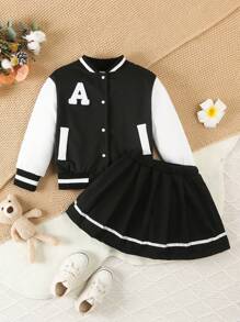 少女字母印花棒球外套+柔软百褶裙两件套秋冬