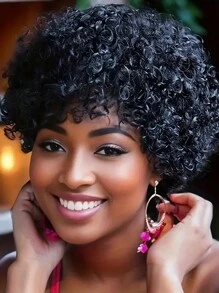 6-Inch Short Fluffy Curly Brazilian Human Hair Wig, Pixie Cut Style, Glueless Short Wig With Bangs, Hand-Tied, Natural Black - SNatural - 查看 7