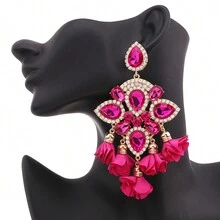 ACEHLN Pendientes largos con diamante de imitación & con diseño de flor - Rosa Fucsia - Ver 10