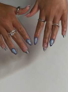 24 piezas de uñas postizas de forma de almendra media azul francés con rayas plateadas 3D, adecuadas para todas las mujeres para uso diario