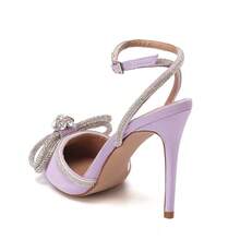 MUCCCUTE Bieosnli Women's Satin Lace Up High Heel Sandals Ankle Buckle Straps Pump Rhinestone Strip Bowknot Pointed Toe Stiletto Sandals - 紫色 - 查看 3