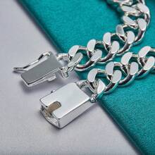 925 Silver Plated White Copper Bracelet For Men – Funky Style 10MM Chain Link With Curved Long Plate – Elegant Gift For The Minimalist Man - Silver - View 5