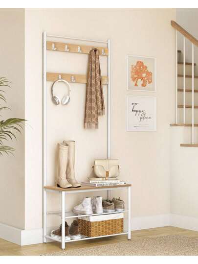 SONGMICS Perchero Zapatero, Perchero con Banco Recibidor, 3 en 1, Estructura de Acero, para Entrada Pasillo, 32 x 70 x 177 cm, Estilo Moderno, Roble y Crema, Regalo de Navidad