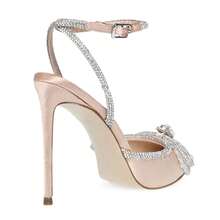 MUCCCUTE Bieosnli Women's Satin Lace Up High Heel Sandals Ankle Buckle Straps Pump Rhinestone Strip Bowknot Pointed Toe Stiletto Sandals - Màu be - Xem 3