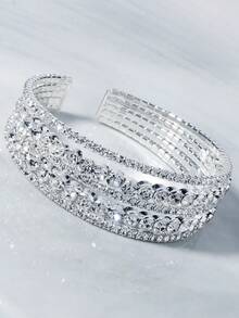 五线水钻弹力手链，开口闪亮手链，时尚珠宝，适合日常百搭佩戴 - 銀色 - 查看 2