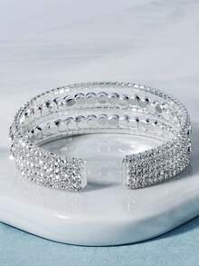 五线水钻弹力手链，开口闪亮手链，时尚珠宝，适合日常百搭佩戴 - 銀色 - 查看 3