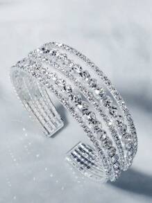 五线水钻弹力手链，开口闪亮手链，时尚珠宝，适合日常百搭佩戴 - 銀色 - 查看 1