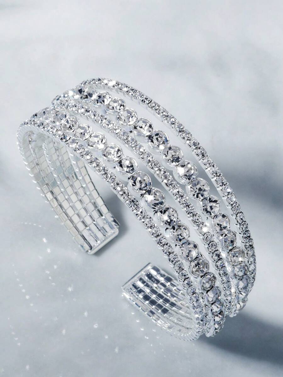 五线水钻弹力手链，开口闪亮手链，时尚珠宝，适合日常百搭佩戴 - 銀色 - 查看 1