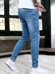 1 pieza Vaqueros de tela denim ajustada con cremallera y bolsillo para hombre
