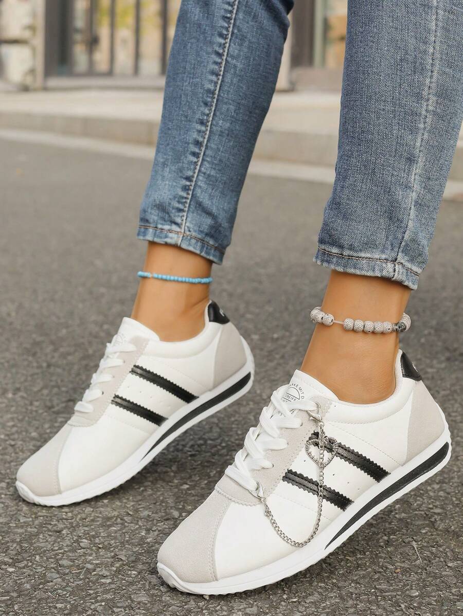 女士复古运动鞋 2024 秋冬新款黑色拼色平底休闲运动鞋，舒适运动鞋 - 黑色 - 查看 1