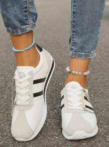 女士复古运动鞋 2024 秋冬新款黑色拼色平底休闲运动鞋，舒适运动鞋 - 黑色 - 查看 4