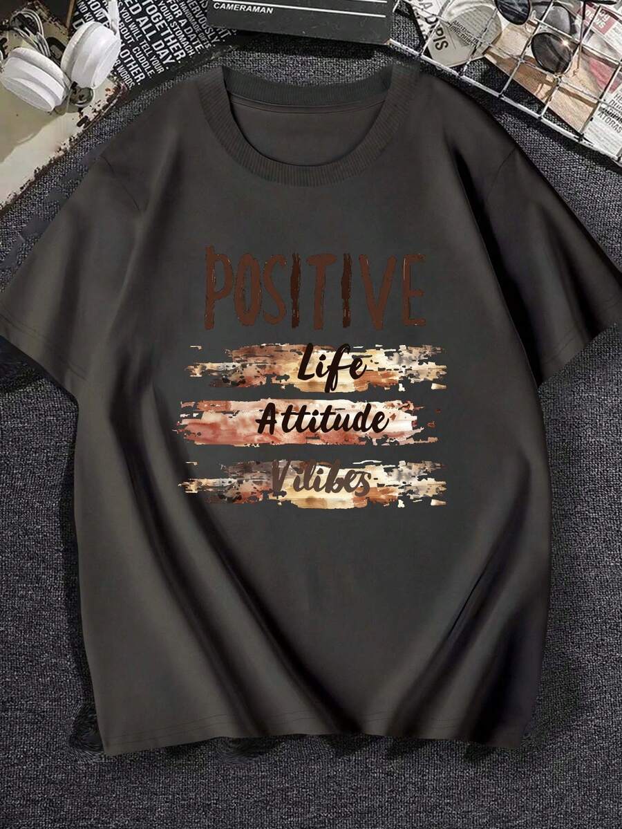 Brush POSITIVE Life Attitude Vibes 180g Pure Cotton Men's Tshirt Comfort Fit - 深灰色 - 查看 1