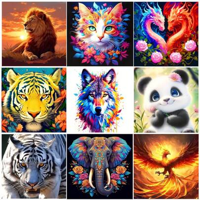 1 set tryckt korsstygnskit, inkluderar röd räv, panda, katt, vit tiger, fågelfenix, varg, flätad drake, lejon, elefant, djurserie, handgjort broderi, 11CT rutnät, 3-trådigt garn, väggdekoration för hem och sovrum, för nybörjare