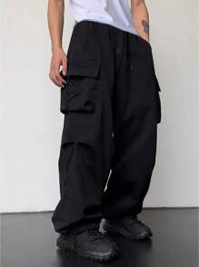 男式休闲多口袋直筒工装裤，配有抽绳可调节翻盖口袋和下摆 - 黑色 - 查看 3