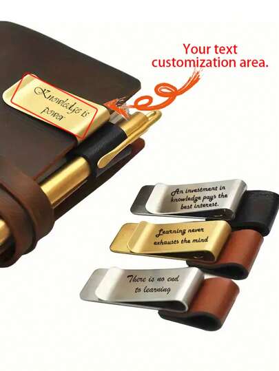 Clipe de caneta personalizado em aço inoxidável com revestimento em couro sintético, clipe de metal ideal para cadernos e agendas, clipe de caneta vintage para cadernos de folhas soltas, acessório essencial para material de escritório, volta às aulas, clima de férias, estudantes do ensino fundamental, ensino médio, ensino superior, calouros e alunos do segundo ano.