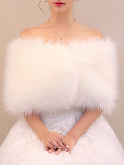 1pc Versatile Fluffy White Bridal Shawl, Fashion Bride Wedding Dress Long Fur Thick Warm Cloak Outerwear, Suitable For Halloween, Christmas Plush Shawl