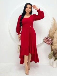 Women's Long Sleeve Midi Mullet Dress With Ruffles Tailoring Square Neckline Spring Summer Christian Evangelical Fashion REF: Angela - 紅色 - 查看 1