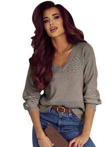 Women's Casual Vacation Light Slim Long Sleeve Knitted V-Neck Pullover Sweater - Màu Tím - Xem 6