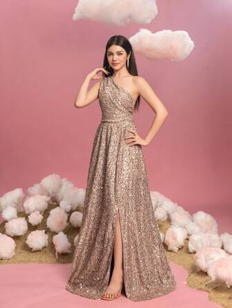 少女单肩高开衩 A 字形毕业礼服 - 适合出席正式晚会、婚宴、社交舞会、颁奖典礼和剧院首映式的礼服