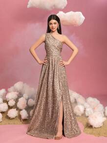 Teen Girls' One-Shoulder High-Slit A-Line Graduation Dress – Formal Dress For Black-Tie Galas, Wedding Receptions, Debutante Balls, Award Ceremonies & Theater Premieres
