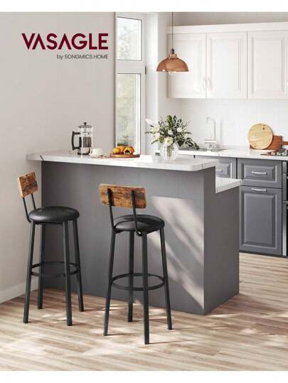 VASAGLE Taburetes de Bar, Juego de 2 Taburetes de Barra, Tapizados de PU, Taburete Alto con Reposapiés, Montaje Simple, Industrial, para Cocina, Comedor, Marrón Rústico y Negro Tinta