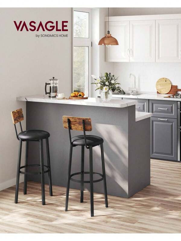 VASAGLE Taburetes de Bar, Juego de 2 Taburetes de Barra, Tapizados de PU, Taburete Alto con Reposapiés, Montaje Simple, Industrial, para Cocina, Comedor, Marrón Rústico y Negro Tinta