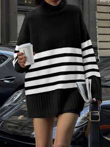 Women's Oversized Striped Sweater Autumn Casual Long-Sleeved Turtleneck Jumper Coarse Knit Sweater