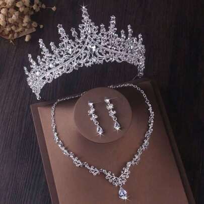 1set Silver Luxurious Noble Bridal Jewelry Set Including Necklace, Earrings, And Crown Royal. Valentine's Day Accessories
