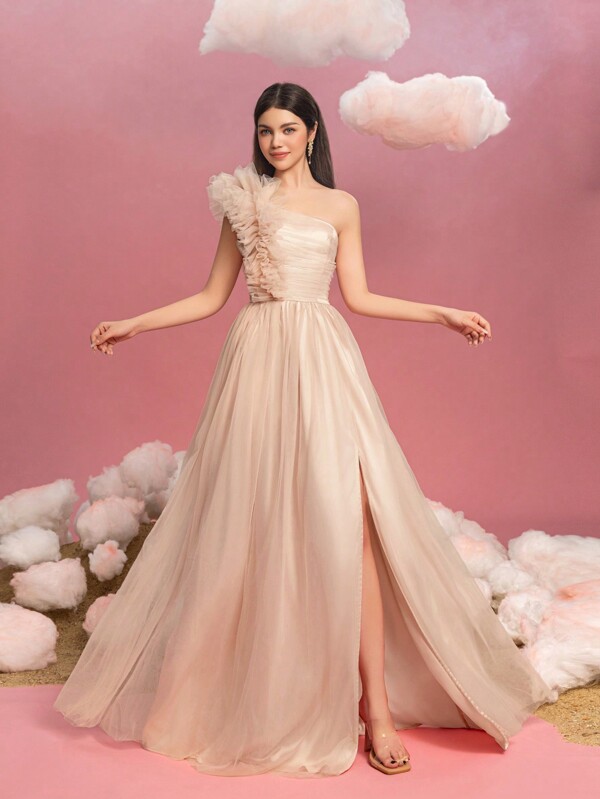 Teen Girls Elegant One-Shoulder Formal Gown With Back Bowknot Closure & High-Leg Split - Flowing A-Line Asymmetric Floral Applique Bodice, For Red Carpet Events, Gala Dinners, Wedding Celebrations, Prom Nights, And Ballroom Competitions