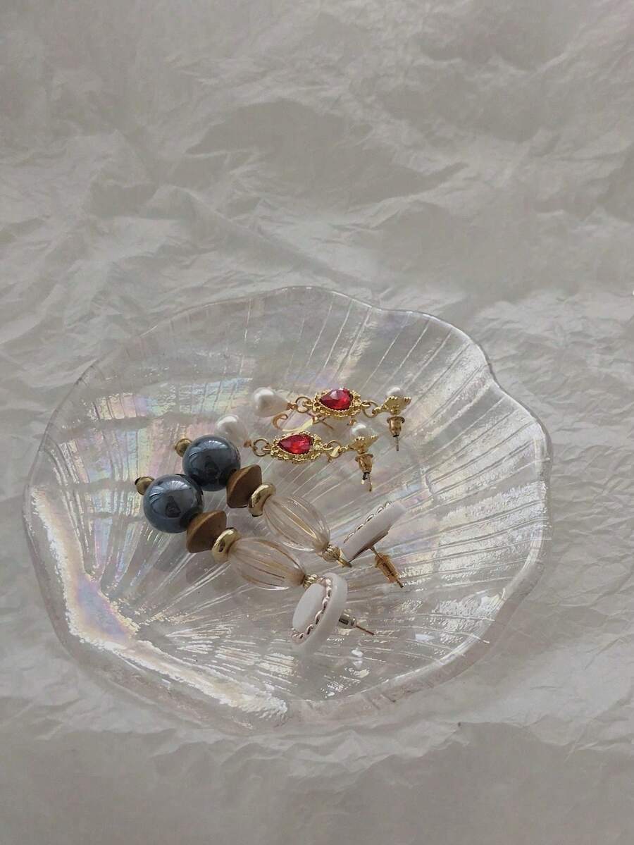 1pc Glitter Glass Jewelry Dish Tray Sparkle Iridescent Seashell Shell