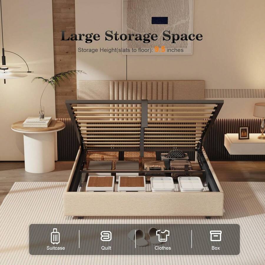 Queen Bed Frame, Lift Up Storage Bed Frame With Upholstered Headboard