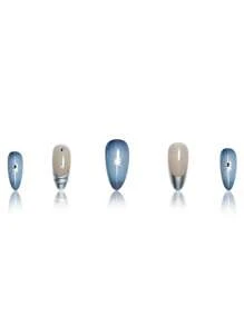 24 piezas de uñas postizas de forma de almendra media azul francés con rayas plateadas 3D, adecuadas para todas las mujeres para uso diario