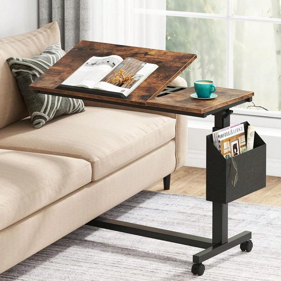 Height Adjustable C Shaped End Table With Wheels And Side Pocket