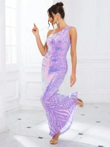 Romagic Đầm dạ hội dài đính sequin họa tiết hoa, cổ lệch, dáng thanh lịch năm 2025 dành cho nữ, thích hợp dự tiệc sinh nhật hoặc đám cưới. - Màu tím - Xem 7