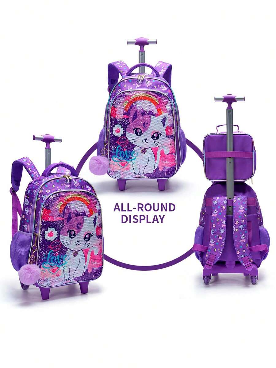 BLING BABIES 3PCS Set Rolling Backpack For Girls Purple Cute Cartoon