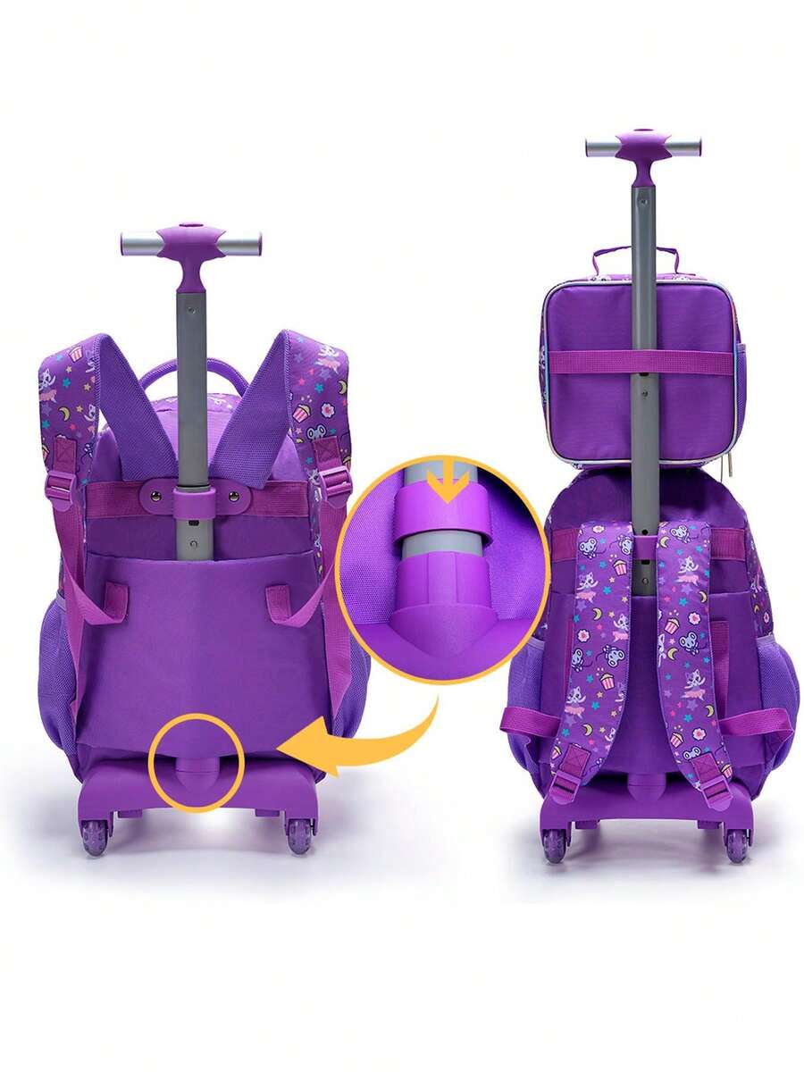 BLING BABIES 3PCS Set Rolling Backpack For Girls Purple Cute Cartoon